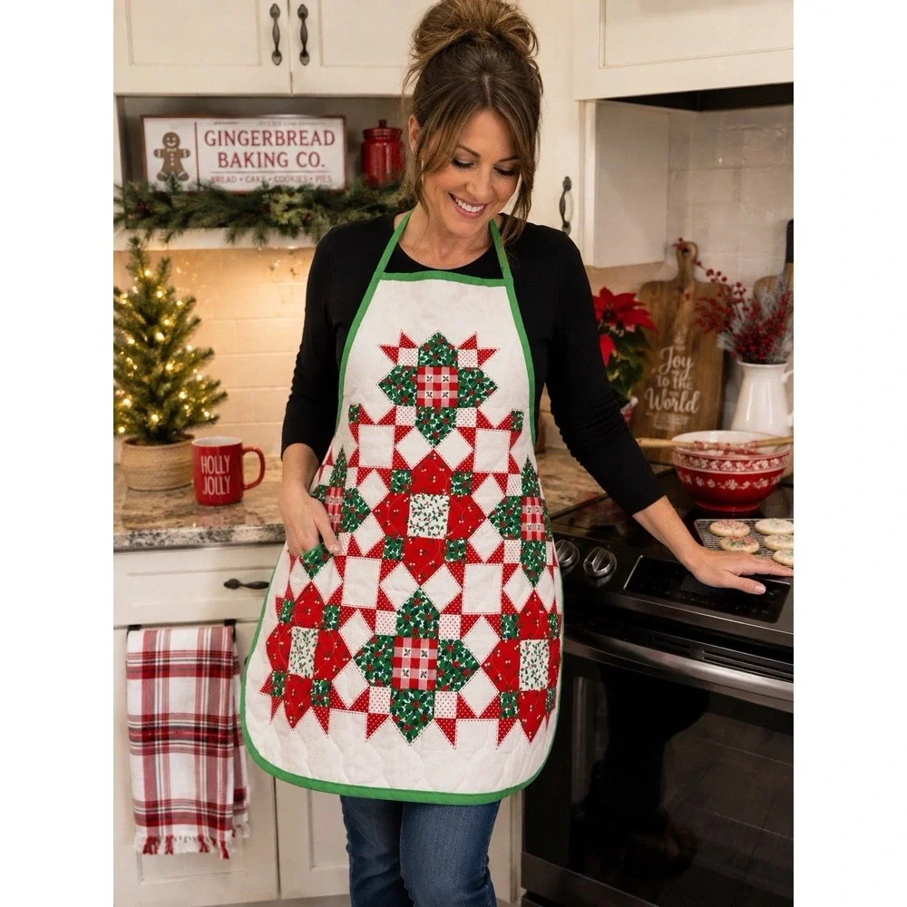 Vintage Handmade Christmas Apron Reversible Quilted Patchwork Red Green Holiday